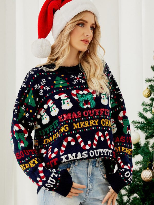 Loose Knitwear Christmas Tree Crew Neck Ice Man Sequined Christmas Sweater in Sweaters