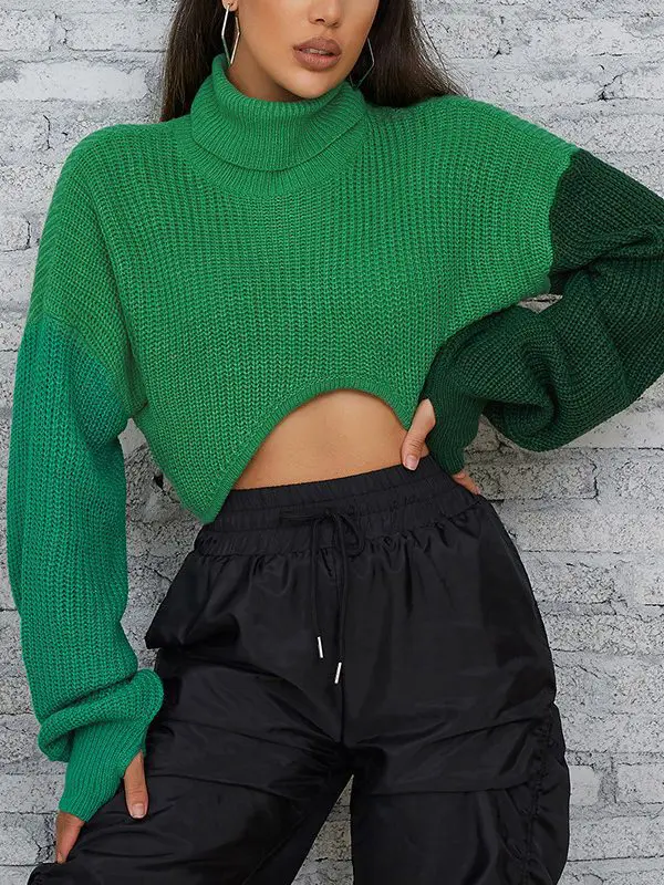 Color Contrast Stitching Long Sleeve Knitted Turtleneck Loose Casual Sweater - Sweaters - Uniqistic.com