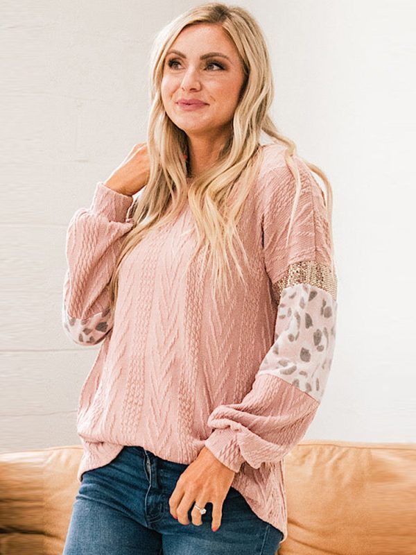 Pink Leopard Sequined Stitching Sleeves Textured Knitted Pullover - Sweaters - Uniqistic.com