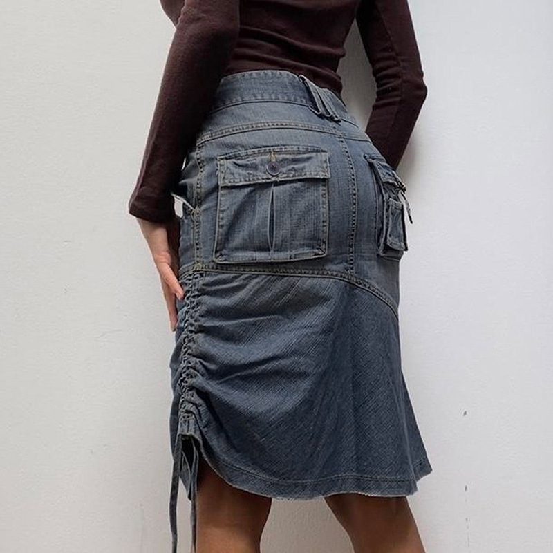 Single Side Pleating Three Dimensional Pocket High Waist Denim Skirt - Skirts - Uniqistic.com