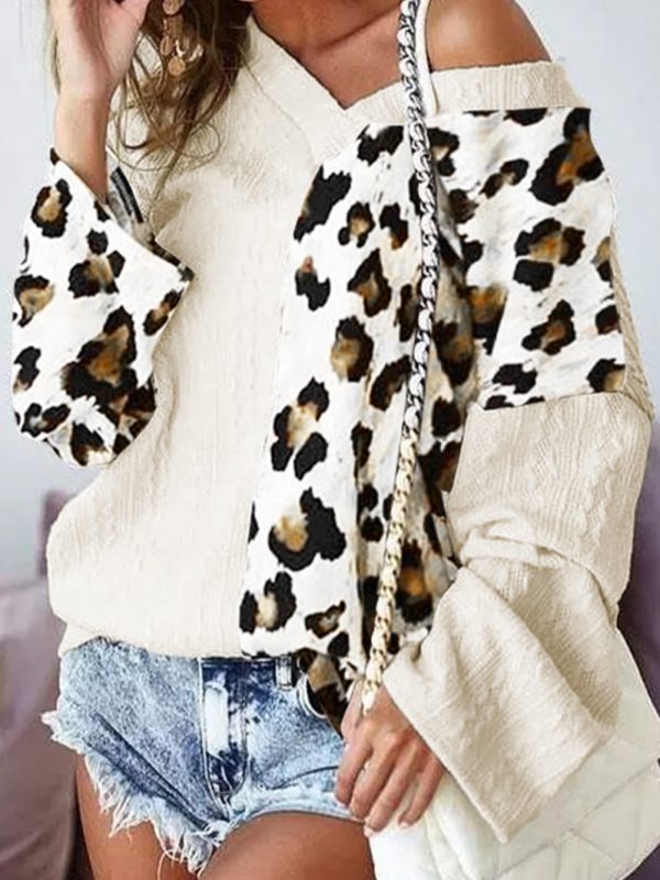 Leopard Print V Neck Long Sleeve Loose Knitted Sweater - Sweaters - Uniqistic.com