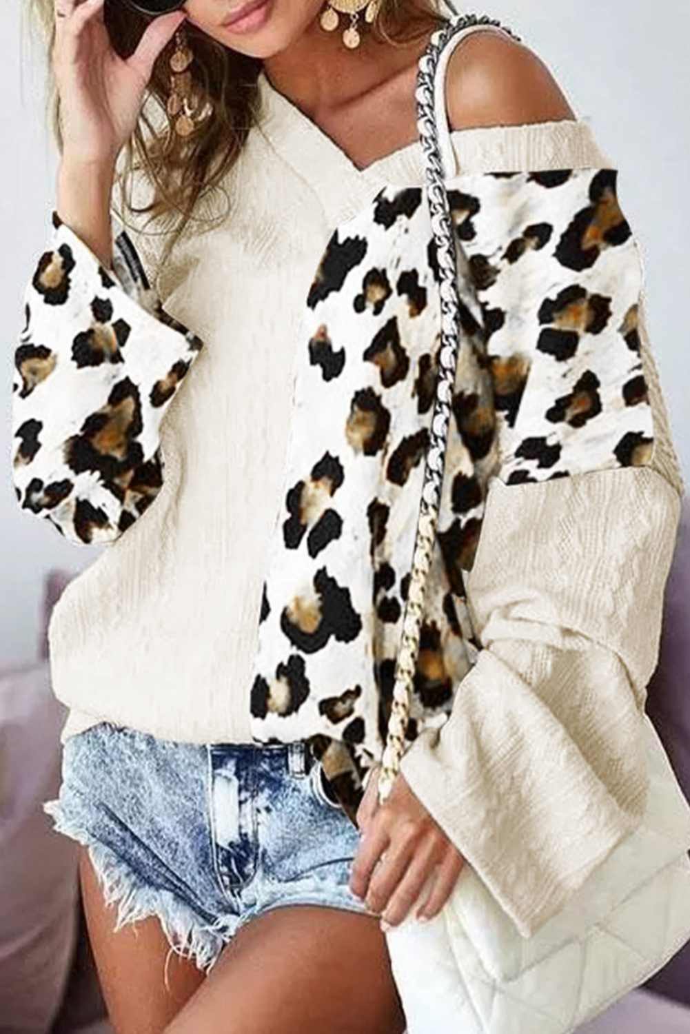 Leopard Print V Neck Long Sleeve Loose Knitted Sweater - Sweaters - Uniqistic.com