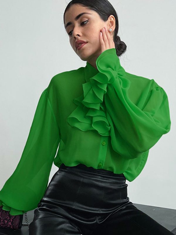 Chiffon See-Through Ruffle Green Shirt Top - Blouses & Shirts - Uniqistic.com