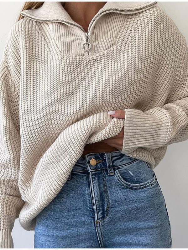 Zipper Knitted Loose Casual Sweater in Sweaters