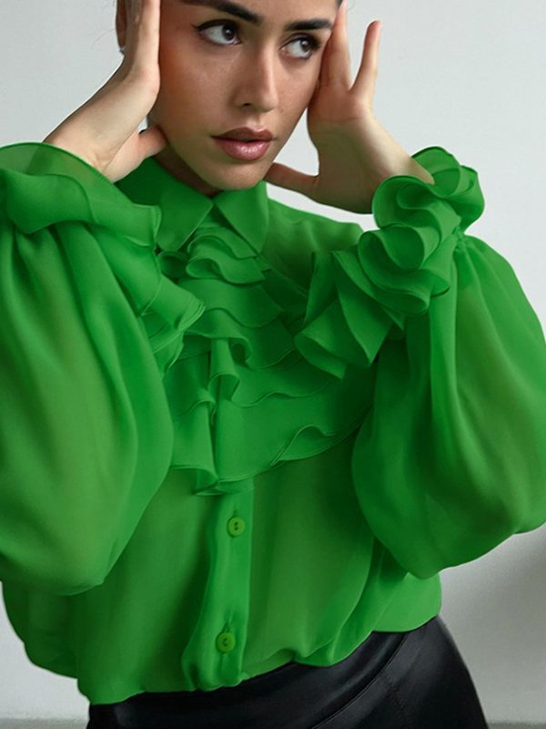 Chiffon See-Through Ruffle Green Shirt Top - Blouses & Shirts - Uniqistic.com