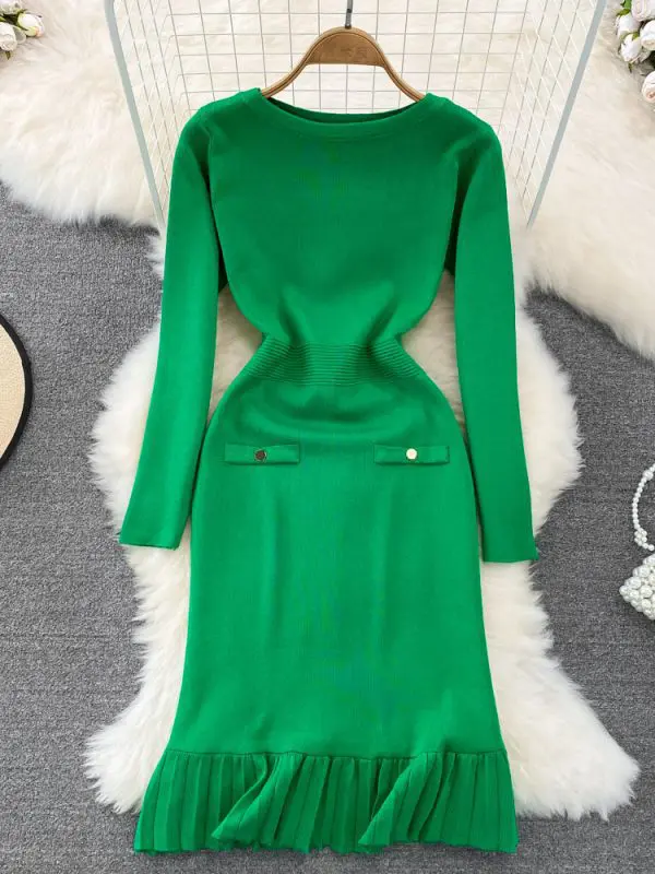 Retro Long Sleeve Round Neck Waist Trimming Slimming Mid Length A Line Knitted Ruffled Dress in Dresses