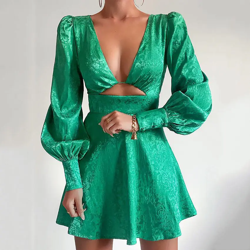 V Neck Hollow Out Jacquard Lantern Sleeve Short Dress - Dresses - Uniqistic.com