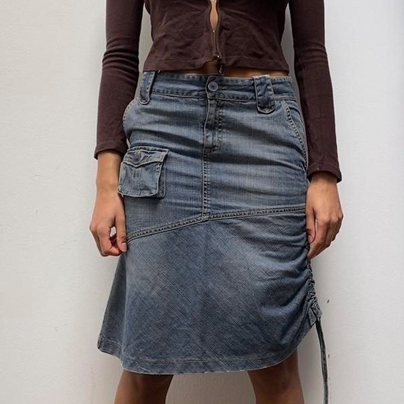 Single Side Pleating Three Dimensional Pocket High Waist Denim Skirt - Skirts - Uniqistic.com