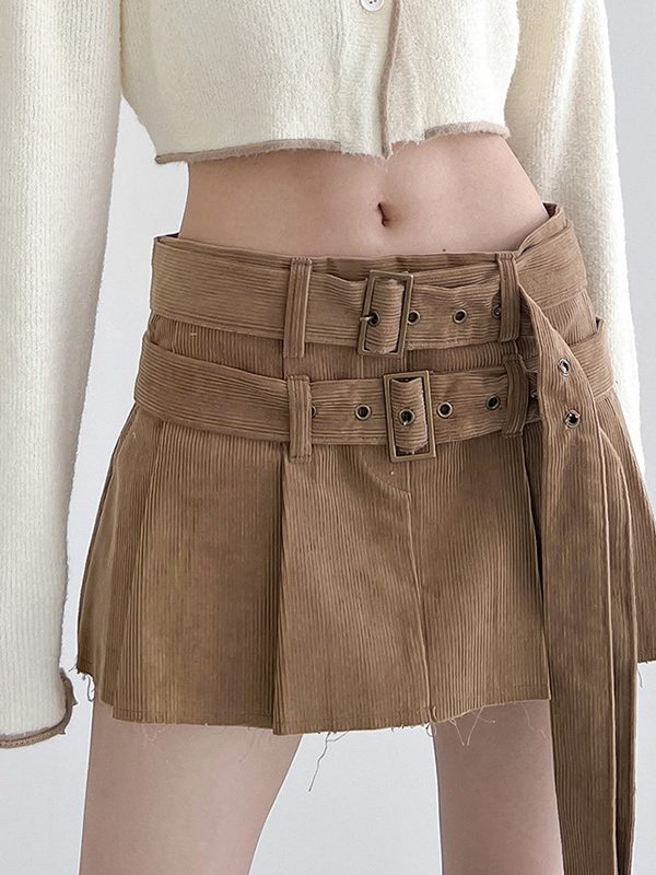 Retro Metal Buckle Double Belt Corduroy Skirt - Skirts - Uniqistic.com