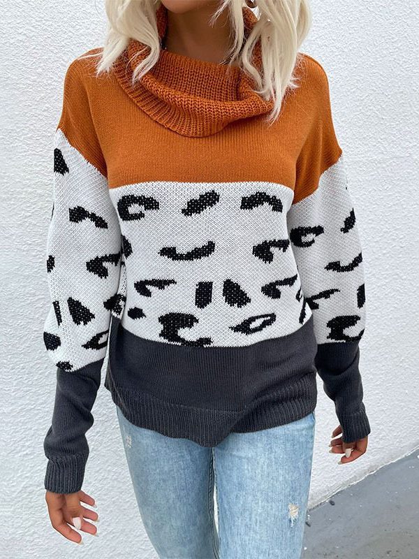 Leopard Print Contrast Color Long Sleeve Pullover - Sweaters - Uniqistic.com