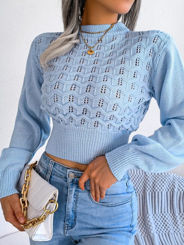 Hollow Out Cutout Striped Lantern Sleeve Cropped Knitted Sweater in Sweaters