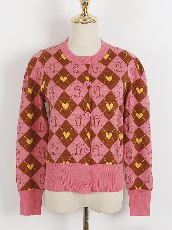 Rhombus Retro Puff Sleeve Love Rabbit Jacquard Sweater - Sweaters - Uniqistic.com
