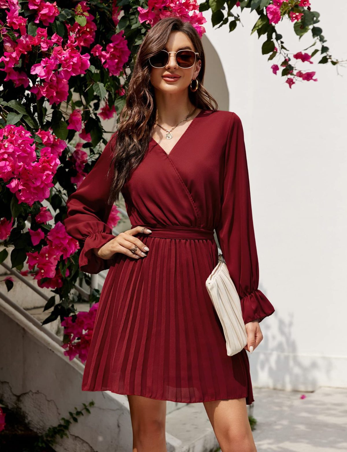 V Neck Pleated Long Sleeve Mini Dress - Dresses - Uniqistic.com