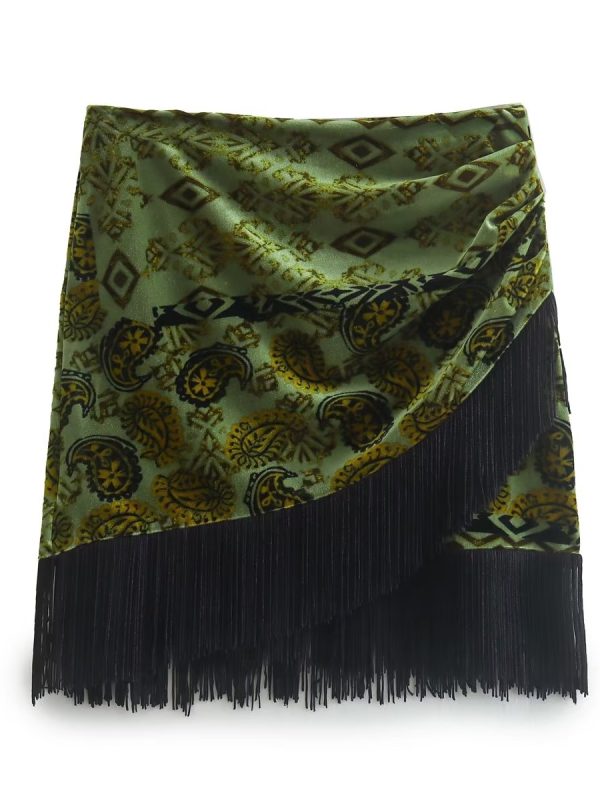 Decorated Tassel Velvet Printed Double Breasted Skirt - Skirts - Uniqistic.com