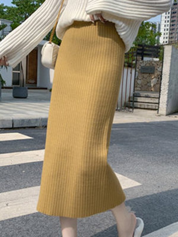 High Waist Mid Length Wool Thickened Split Knitted Skirt - Skirts - Uniqistic.com