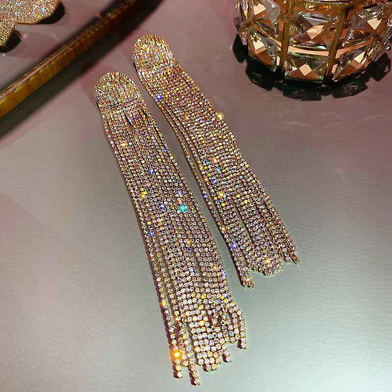 Rhinestone Crystal Long Tassel Drop Earrings in Earrings