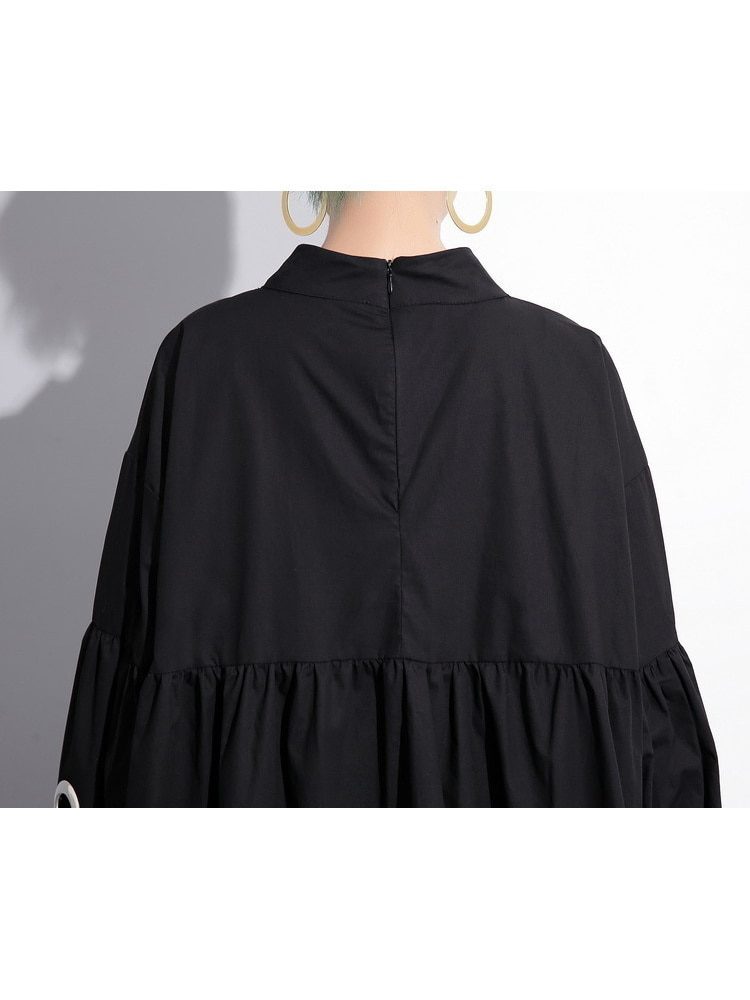 Round Neck Long Sleeve Black Metal Ring Hollow Out Dress in Dresses