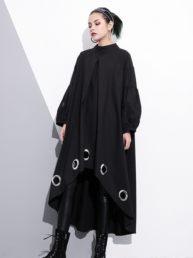 Round Neck Long Sleeve Black Metal Ring Hollow Out Dress in Dresses