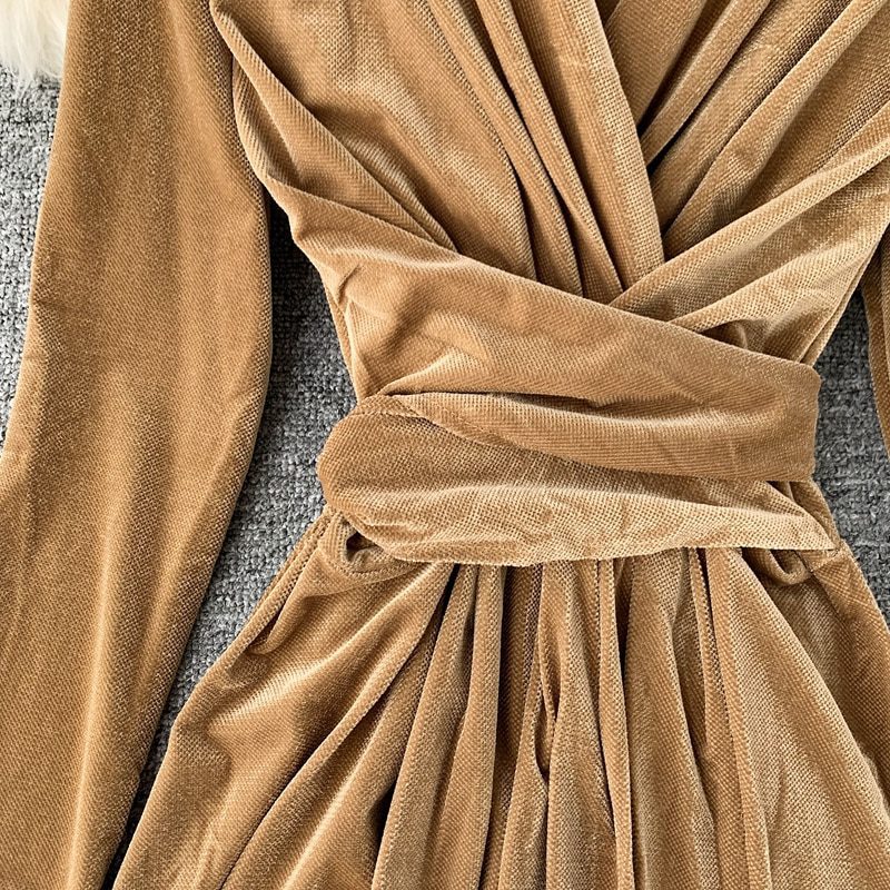 Vintage Long Sleeve V-Neck High Waist Velvet Dress in Dresses