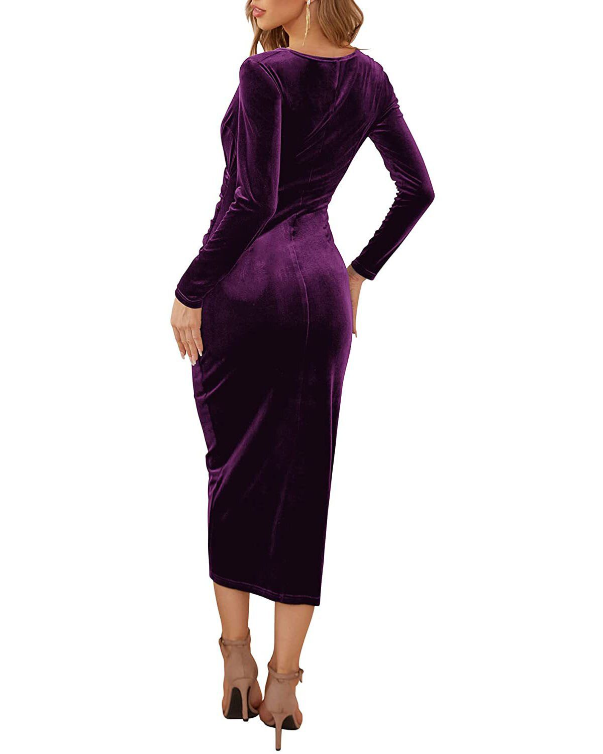 Elegant Long Sleeve Ruched Velvet Bodycon Midi Dress in Dresses