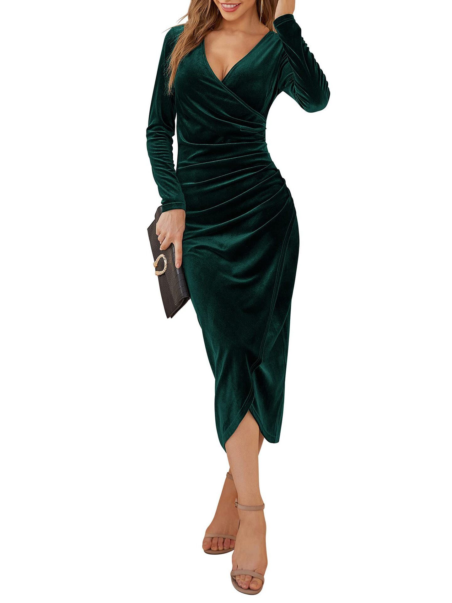Elegant Long Sleeve Ruched Velvet Bodycon Midi Dress in Dresses