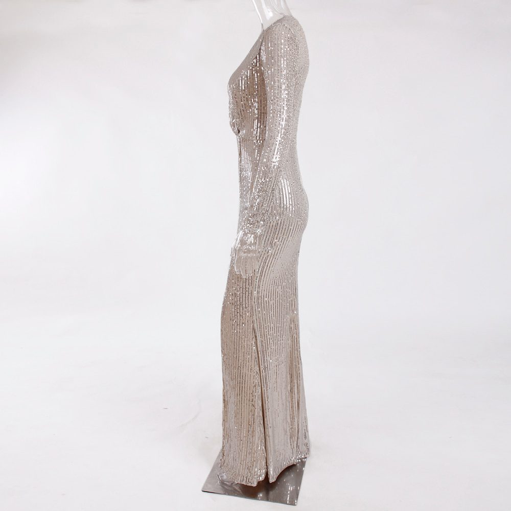 Sequined Stretchy Full Sleeved Long Lining Low Slit Leg V Neck Evening Wrap Dress - Evening Dresses - Uniqistic.com