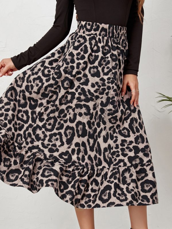 Leopard Print High Waist Loose Swing Skirt in Skirts