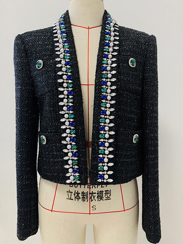 Rhinestone Beaded Green Fruit Collar Short Woolen Jacket Coat in Coats & Jackets
