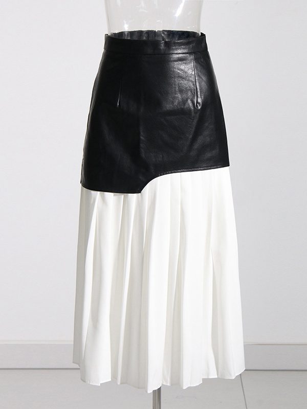 Contrast Color Leather High Waist Stitching Irregular Asymmetric A Line Skirt - Skirts - Uniqistic.com