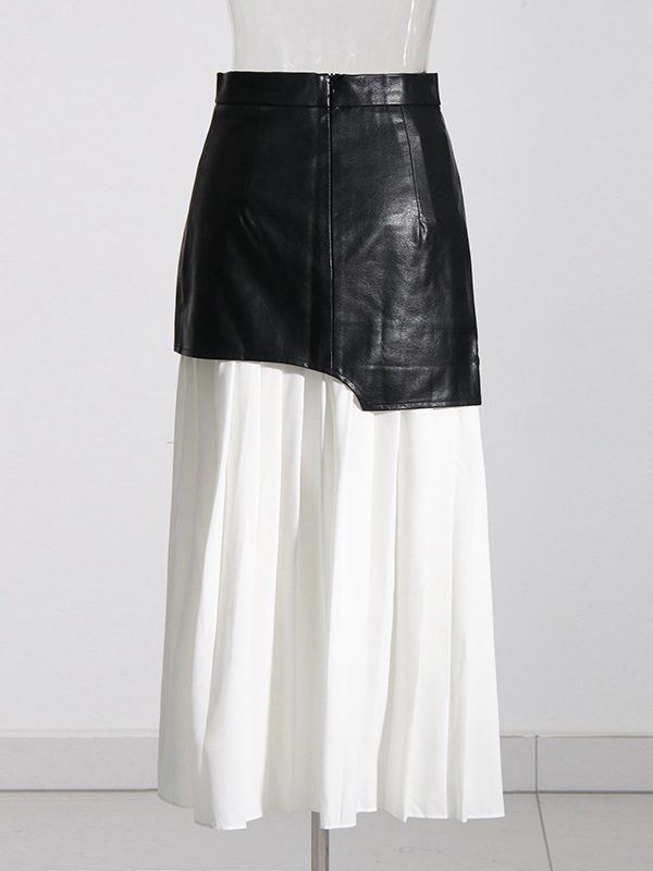 Contrast Color Leather High Waist Stitching Irregular Asymmetric A Line Skirt - Skirts - Uniqistic.com