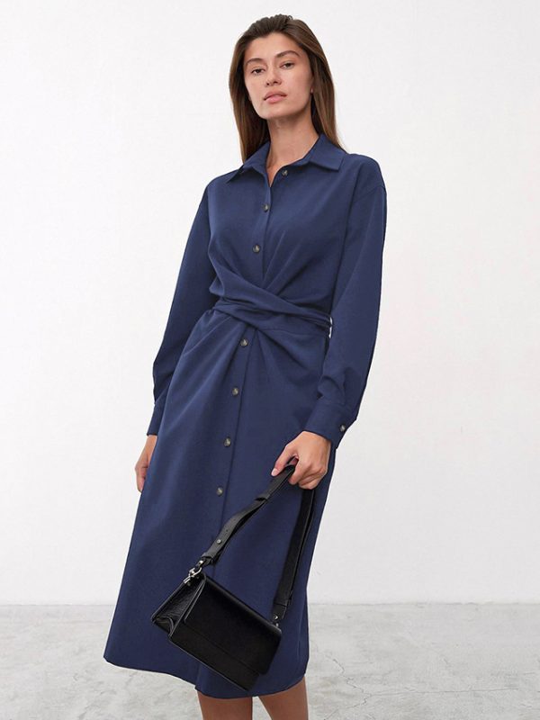 Elegant Lace Up Collared Long Sleeve Mid Length Suit Dress - Dresses - Uniqistic.com