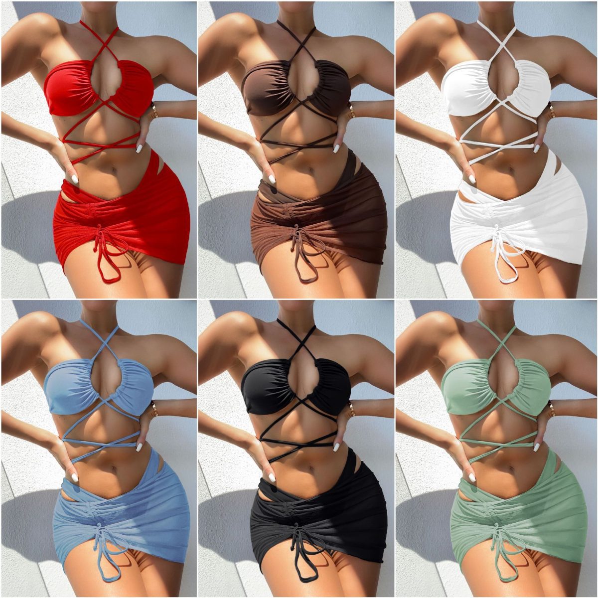Women Split Swimsuit Solid Color Sexy Bandage Pleating Three-Piece Bikini - Swimsuits - Uniqistic.com