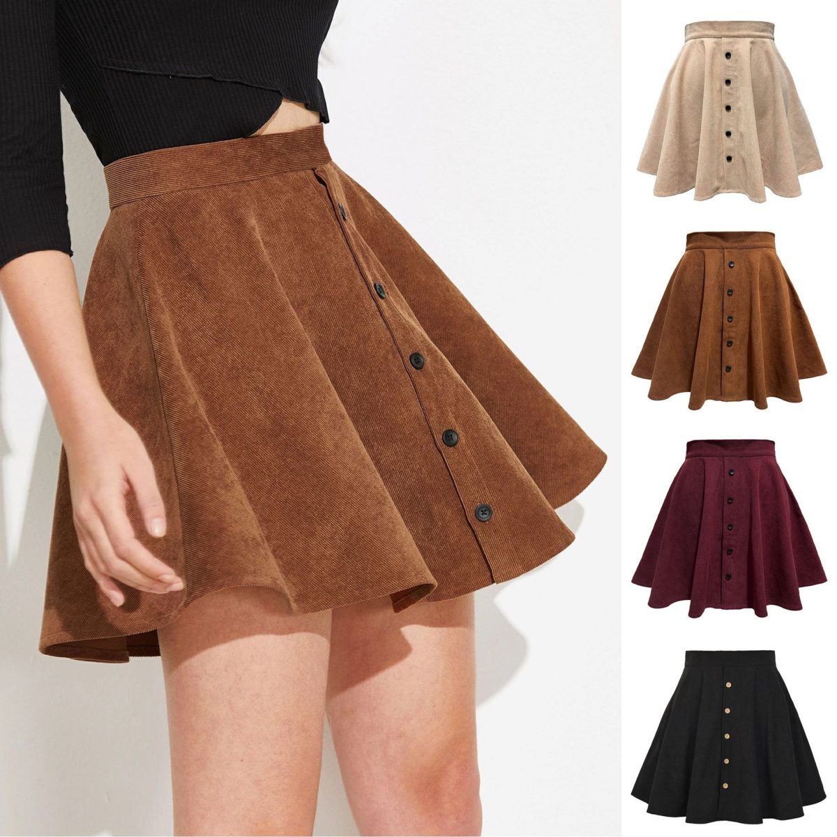 Corduroy Single Row Button High Waist Umbrella Skirt in Skirts