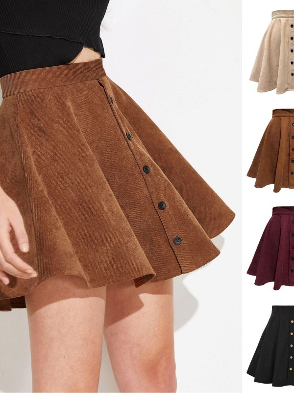 Corduroy Single Row Button High Waist Umbrella Skirt in Skirts