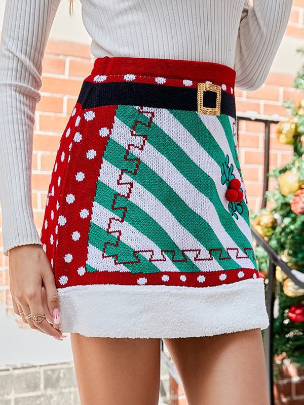 Patchwork Knitting Elastic Belt A Line Christmas Skirt - Skirts - Uniqistic.com