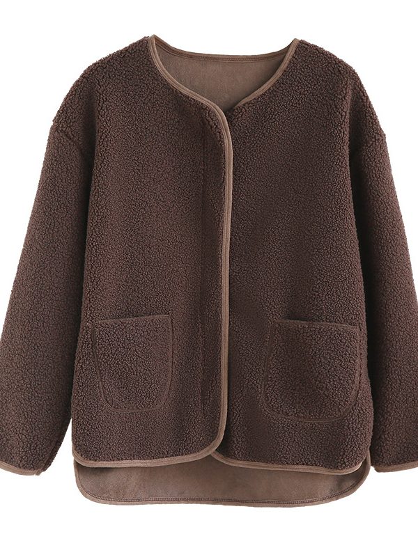 Fleece Lined Long Sleeve Thickened Loose Solid Color Coat Jacket in Coats & Jackets