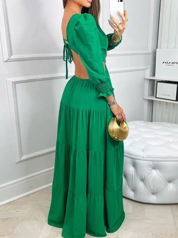 V Collar Long Sleeve Backless Solid Color Maxi Dress - Dresses - Uniqistic.com