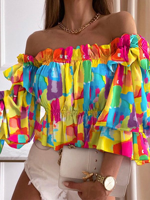 Printed Off Shoulder Ruffle Sleeve Shirt in Blouses & Shirts