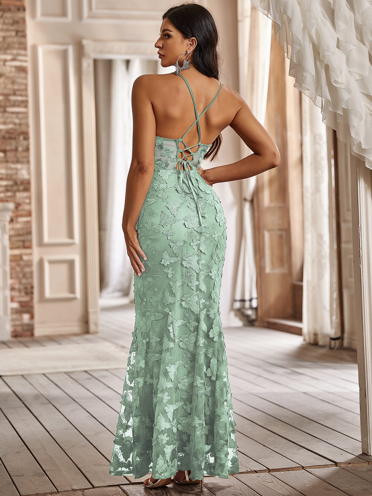Emerald Butterfly Boning Corset Transparent Waistline Sling Maxi Dress in Cocktail Dresses
