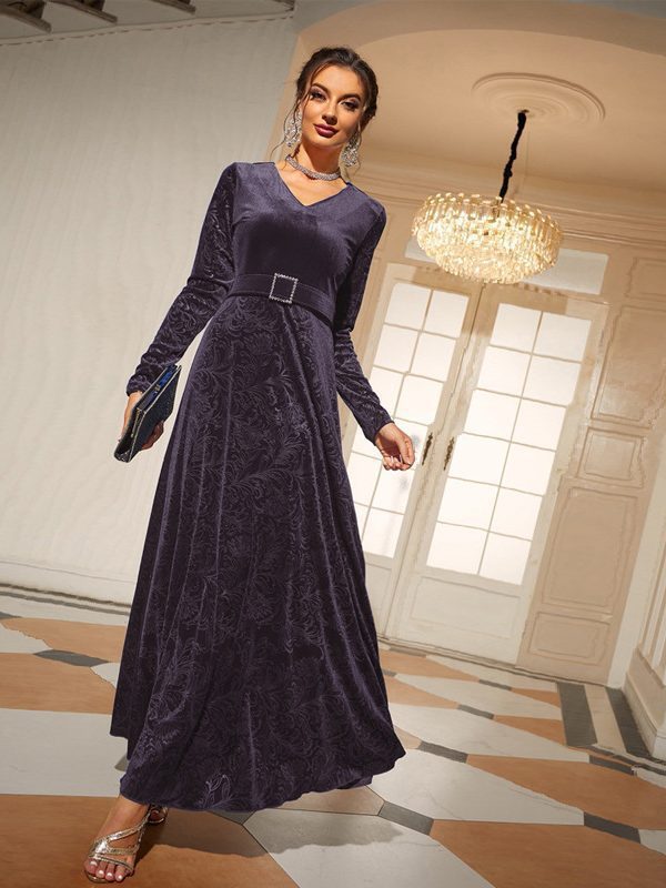 V Neck Long Sleeve High Waist Lace Up Velvet Elegant Dress - Dresses - Uniqistic.com