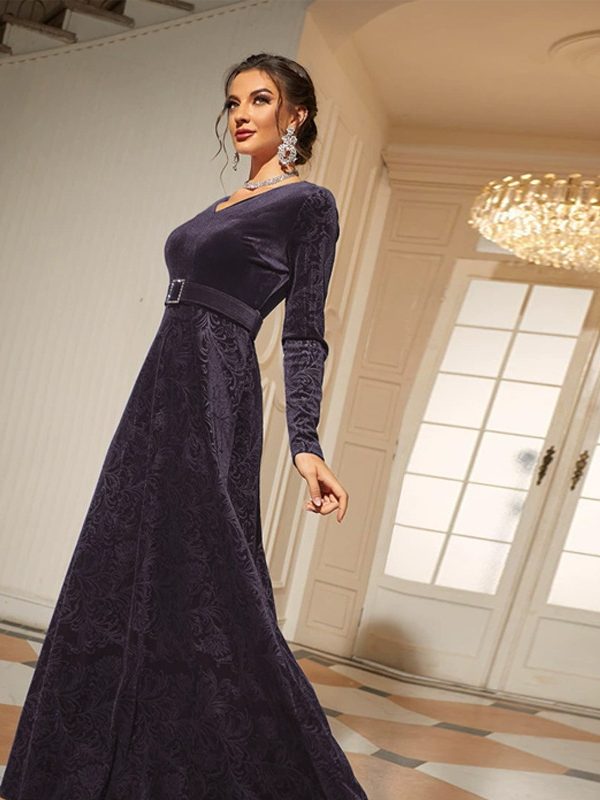 V Neck Long Sleeve High Waist Lace Up Velvet Elegant Dress - Dresses - Uniqistic.com