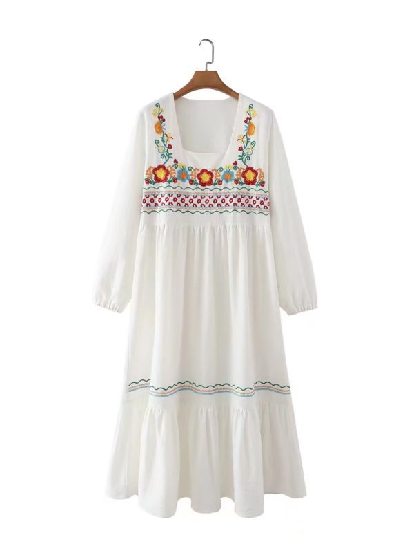 Bohemian Ethnic Embroidered Waist Controlled Lace up Cotton Linen Tiered Dress - Dresses - Uniqistic.com
