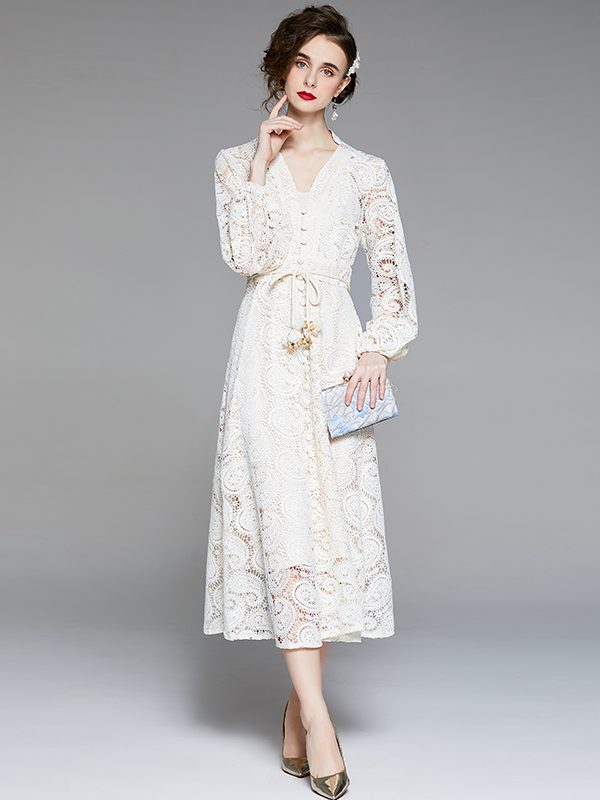 Hollow Water Soluble Lace Temperament Slim Crochet Lace Dress - Crochet Lace Dress - Uniqistic.com