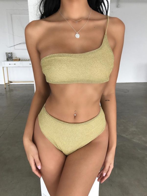 One Shoulder Gold Silver Silk Flash Swimsuit - One Shoulder Swimsuit - Uniqistic.com