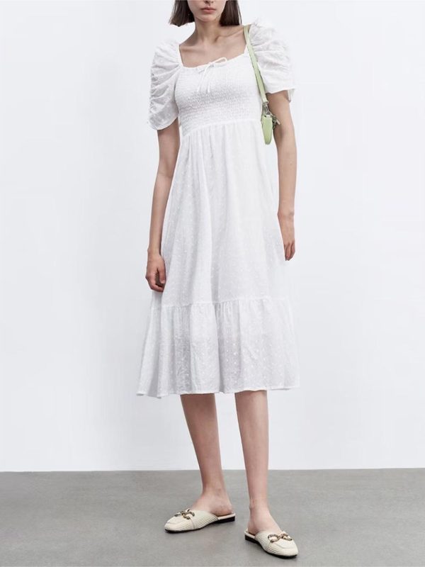 Collared Elastic Waist Elegant Chiffon Texture Tiered Dress - Dresses - Uniqistic.com