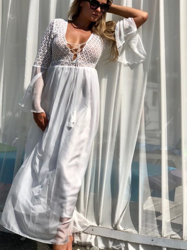 Lace Chiffon Bell Sleeve Bohemian White Beach Dress - Bohemian White Beach Dress - Uniqistic.com