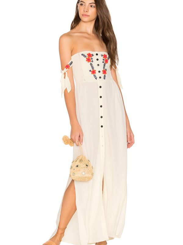 Vacation Embroidered Collar Shoulder Hanging Long Bohemian White Beach Dress - Bohemian White Beach Dress - Uniqistic.com