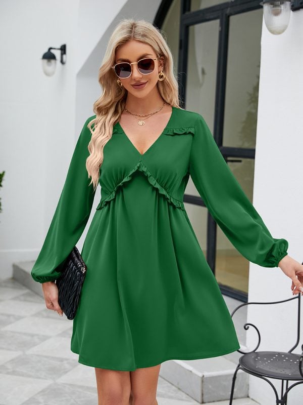 Lace up Spring Autumn V neck Short Casual Pleated Long Sleeve Dress - Dresses - Uniqistic.com