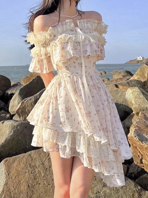 Fresh Sweet Floral off Neck Wooden Ear Irregular Asymmetric Swing Holiday Tiered Dress - Dresses - Uniqistic.com