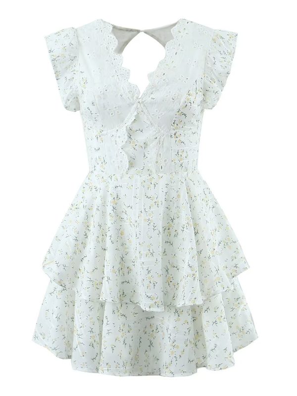 Retro French Ruffles Flounced Sleeve Lace Embroidered Vest Tiered Dress - Dresses - Uniqistic.com